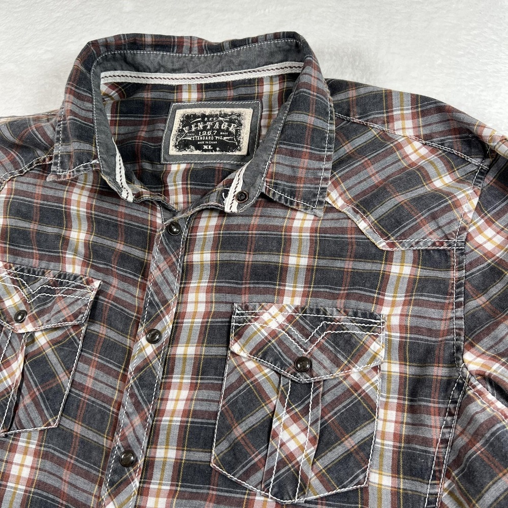 BKE Vintage Shirt‎ Mens XL Gray Plaid Long Sleeve Western Snap Front Casual